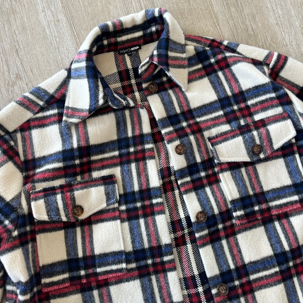 Womens Fashion Nova White/Red/Blue Plaid Heavyweight Trench Jacket/Coat - S/M - Picture 2 of 8